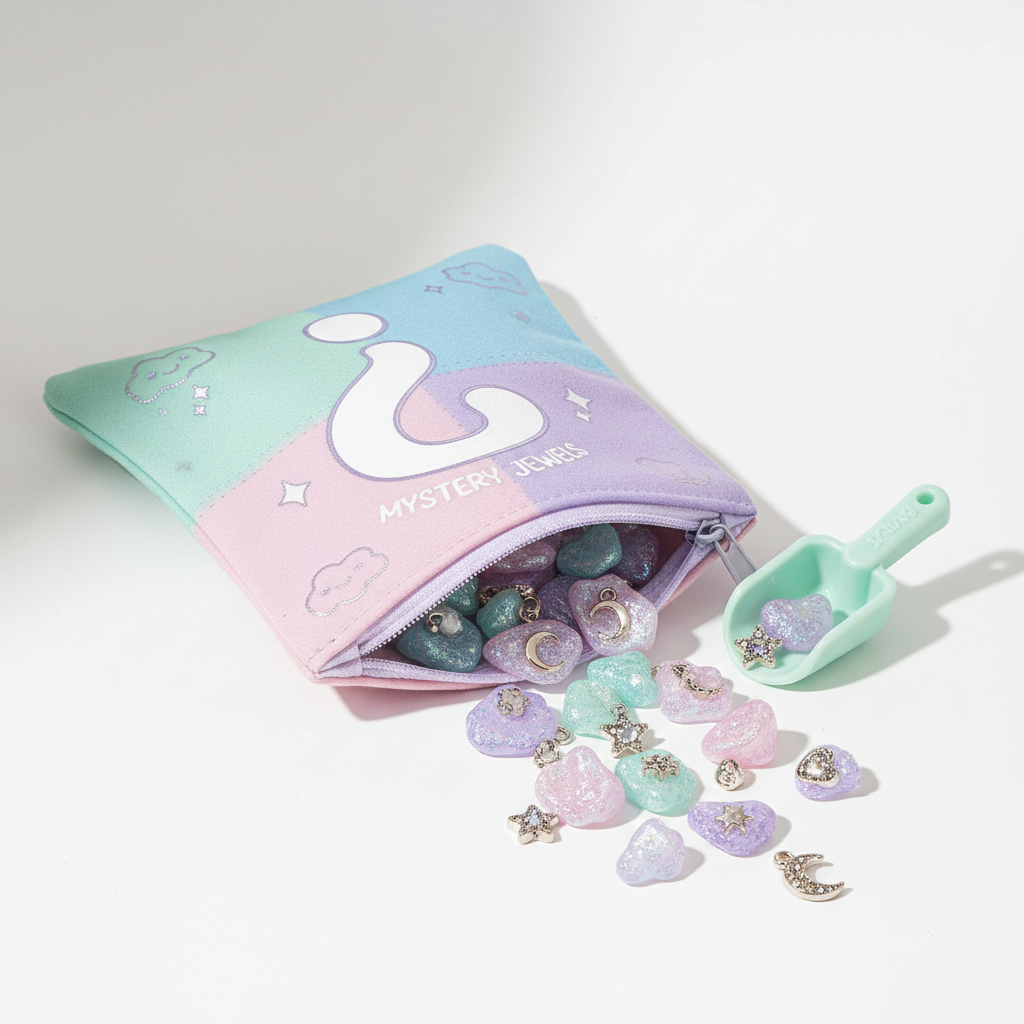 Mystery blind bag containing jewelry scoops with cute question mark packaging